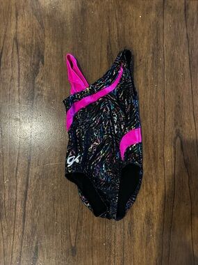 GK Elite Leotard Girls CS Black Pink Foil One Shoulder Gymnastics